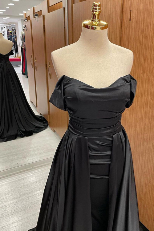Black Off-the-Shoulder Cowl Neck Long Prom Dress