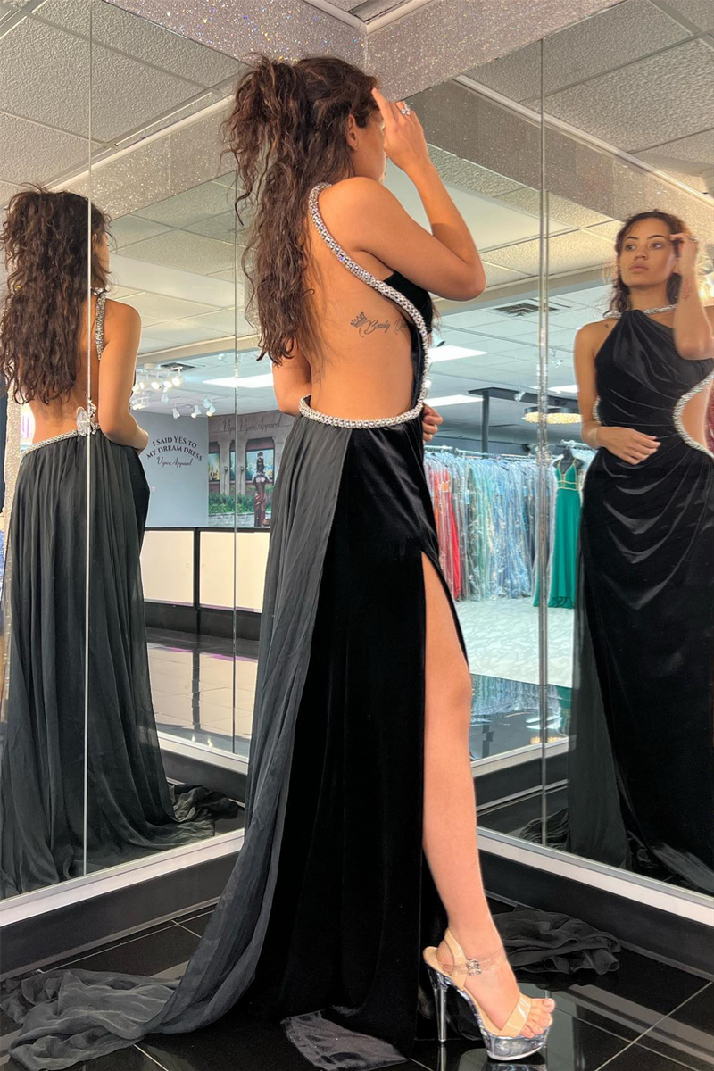 Black Halter Beaded Pleated Satin Long Prom Dress with Slit