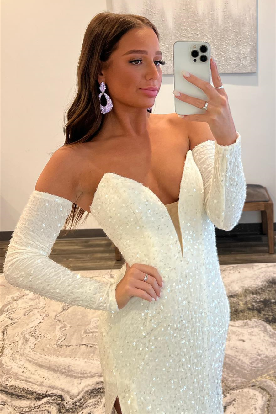 Ivory Sequins Strapless Sleeves Deep V Long Prom Dress with Slit