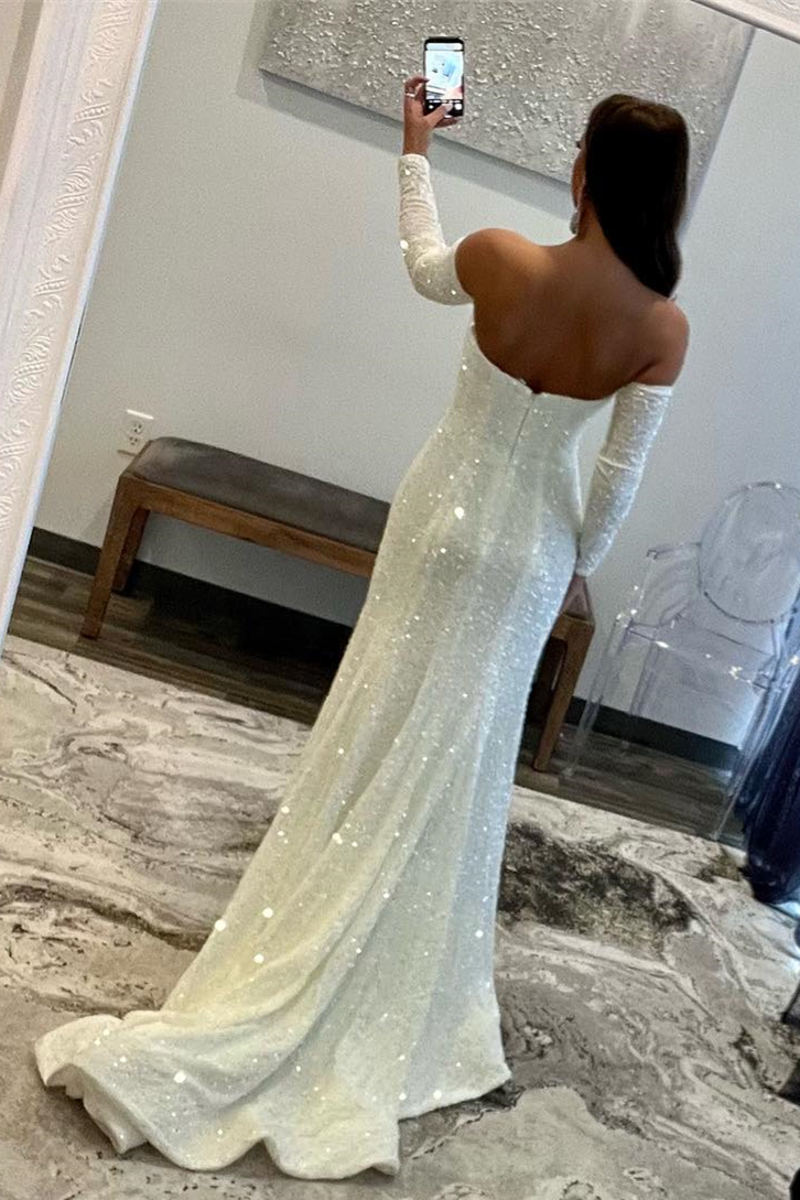 Ivory Sequins Strapless Sleeves Deep V Long Prom Dress with Slit