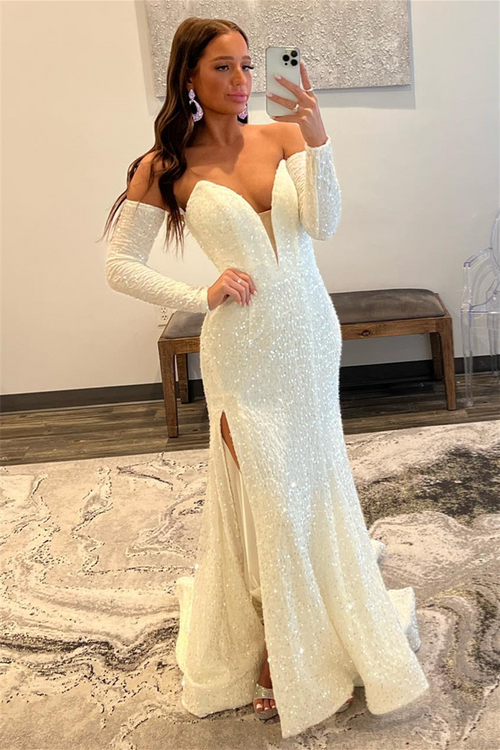 Ivory Sequins Strapless Sleeves Deep V Long Prom Dress with Slit