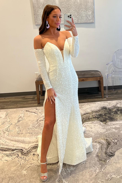 Ivory Sequins Strapless Sleeves Deep V Long Prom Dress with Slit