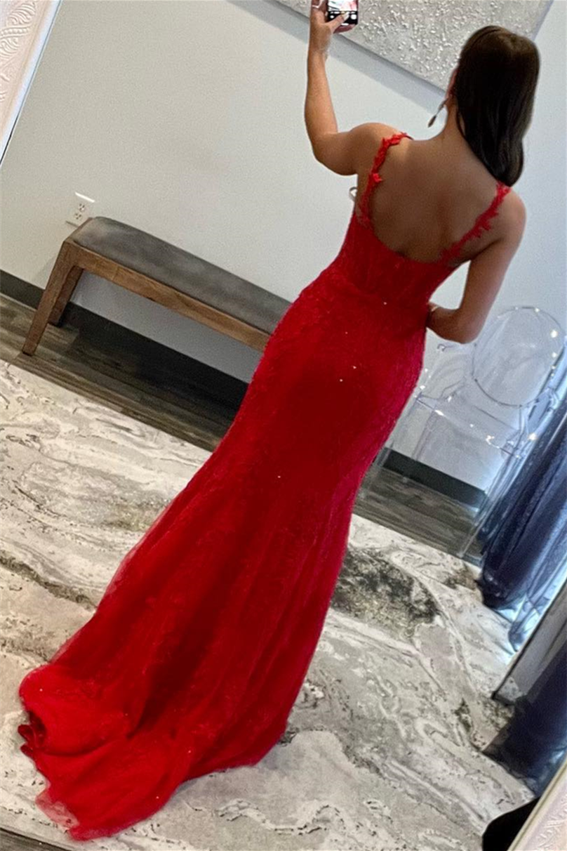 Red Halter Flower Straps Appliques Mermaid Tulle Long Prom Dress