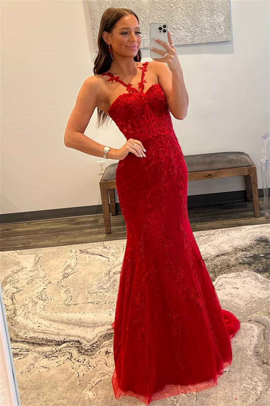 Red Halter Flower Straps Appliques Mermaid Tulle Long Prom Dress