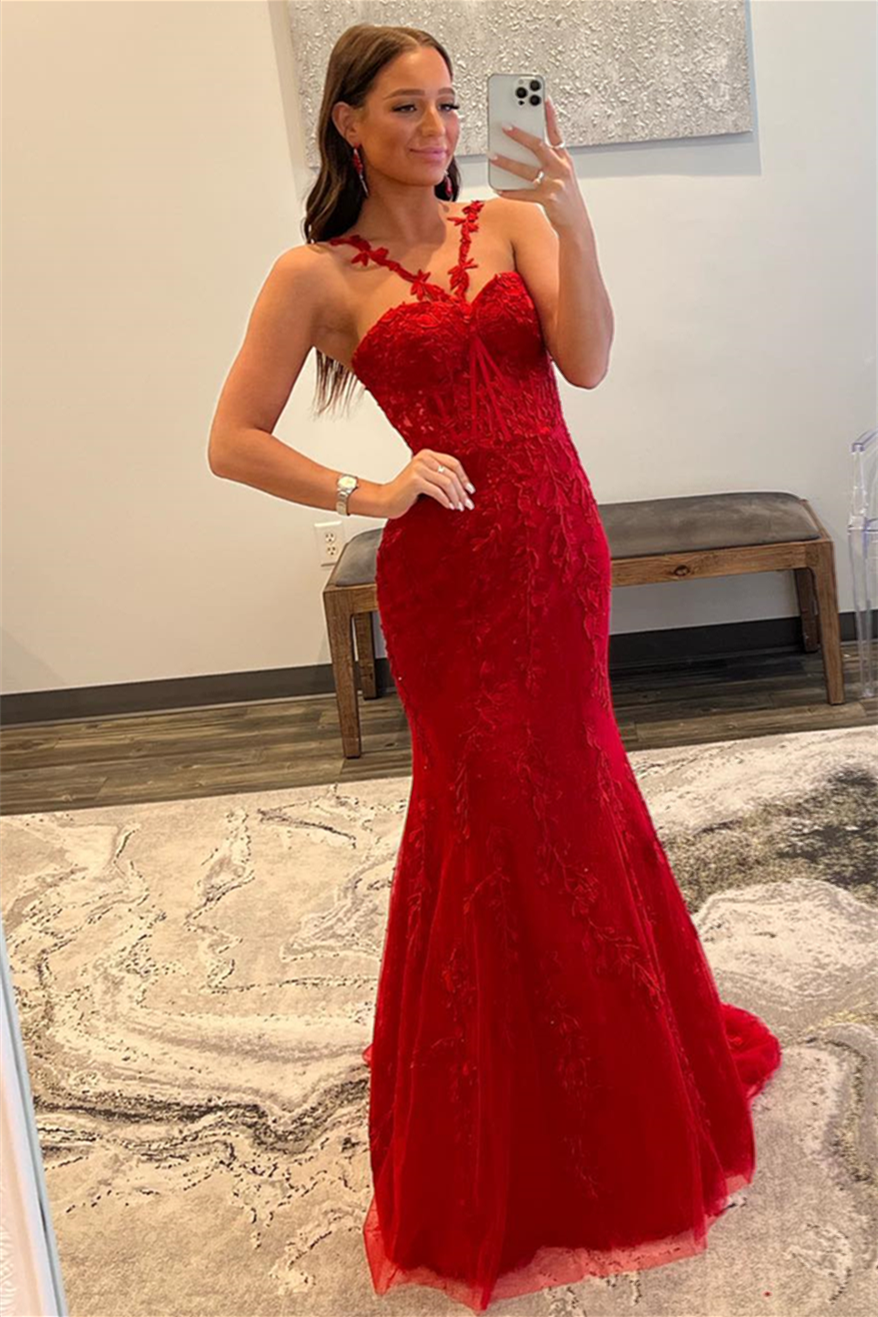 long red halter prom dress Plus Size Red Halter A-Line Tulle Side Slit Prom Dress with Beads