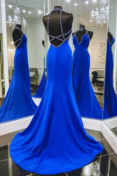 Royal Blue Straps V Neck Beaded Long Prom Dress with Slit