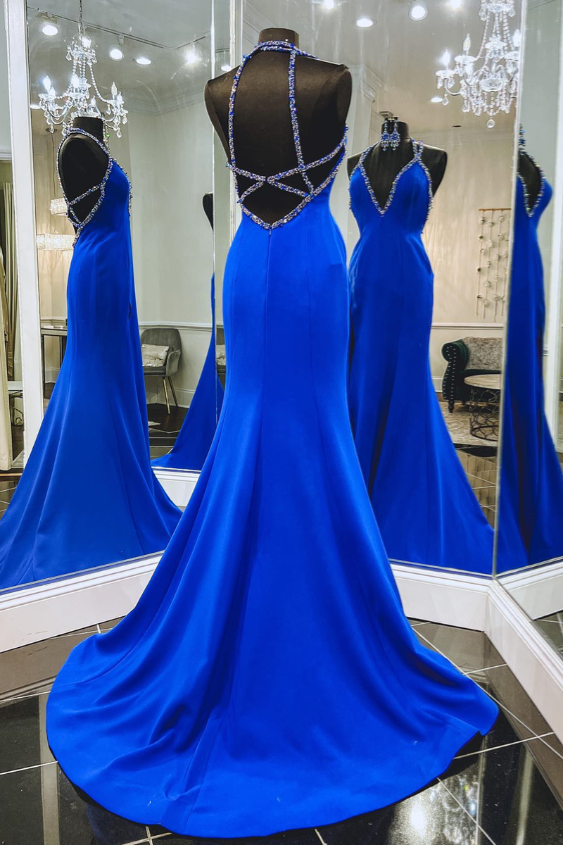 Royal Blue Straps V Neck Beaded Long Prom Dress with Slit