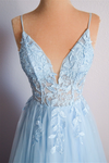 Light Blue V Neck Lace-Up Appliques Tulle Long Prom Dress