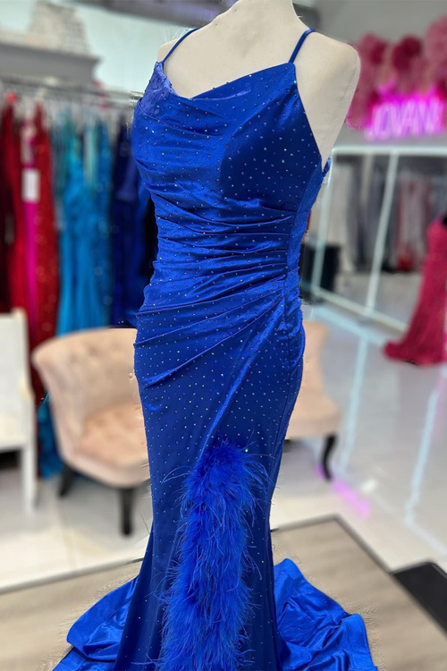 Royal Blue Cowl Neck Beaded Long Prom Dress with Feather-Trimmed Slit