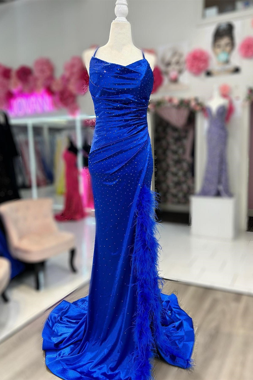 Royal Blue Cowl Neck Beaded Long Prom Dress with Feather-Trimmed Slit