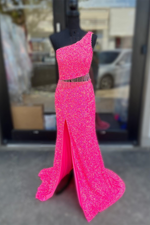 Fuchsia Sequins One Shoulder Cut-Out Tassels Long Prom Dress with Slit