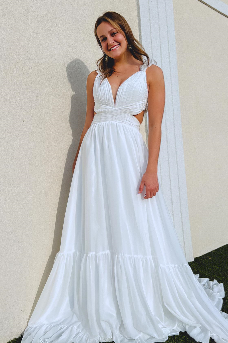 White Ruffle Straps Pleated Cut-Out Deep V Long Prom Dress