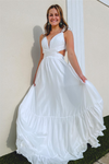 White Ruffle Straps Pleated Cut-Out Deep V Long Prom Dress