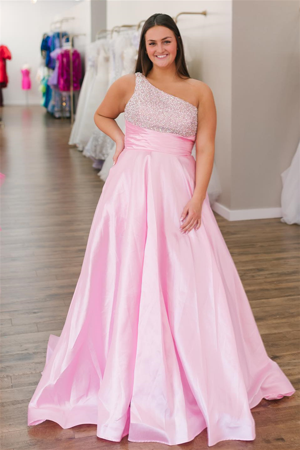 Pink One Shoulder Beaded Top Empire Satin Long Prom Dress