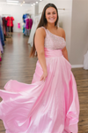 Pink One Shoulder Beaded Top Empire Satin Long Prom Dress