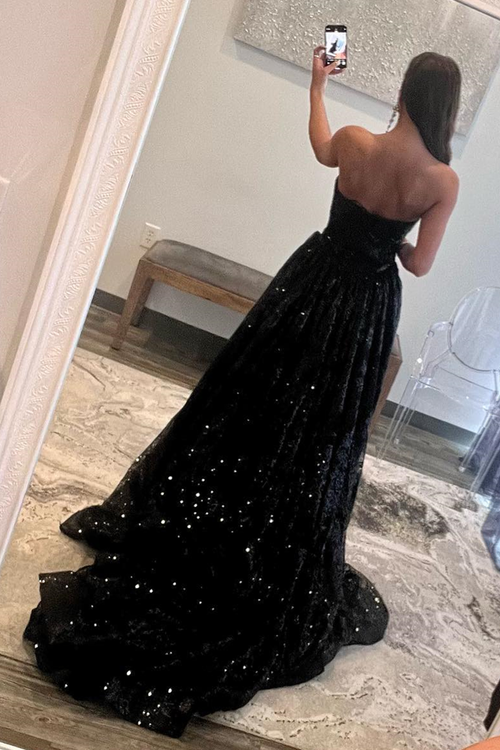 Black Plunging V Neck Sequins-Embroidered Strapless Long Prom Dress