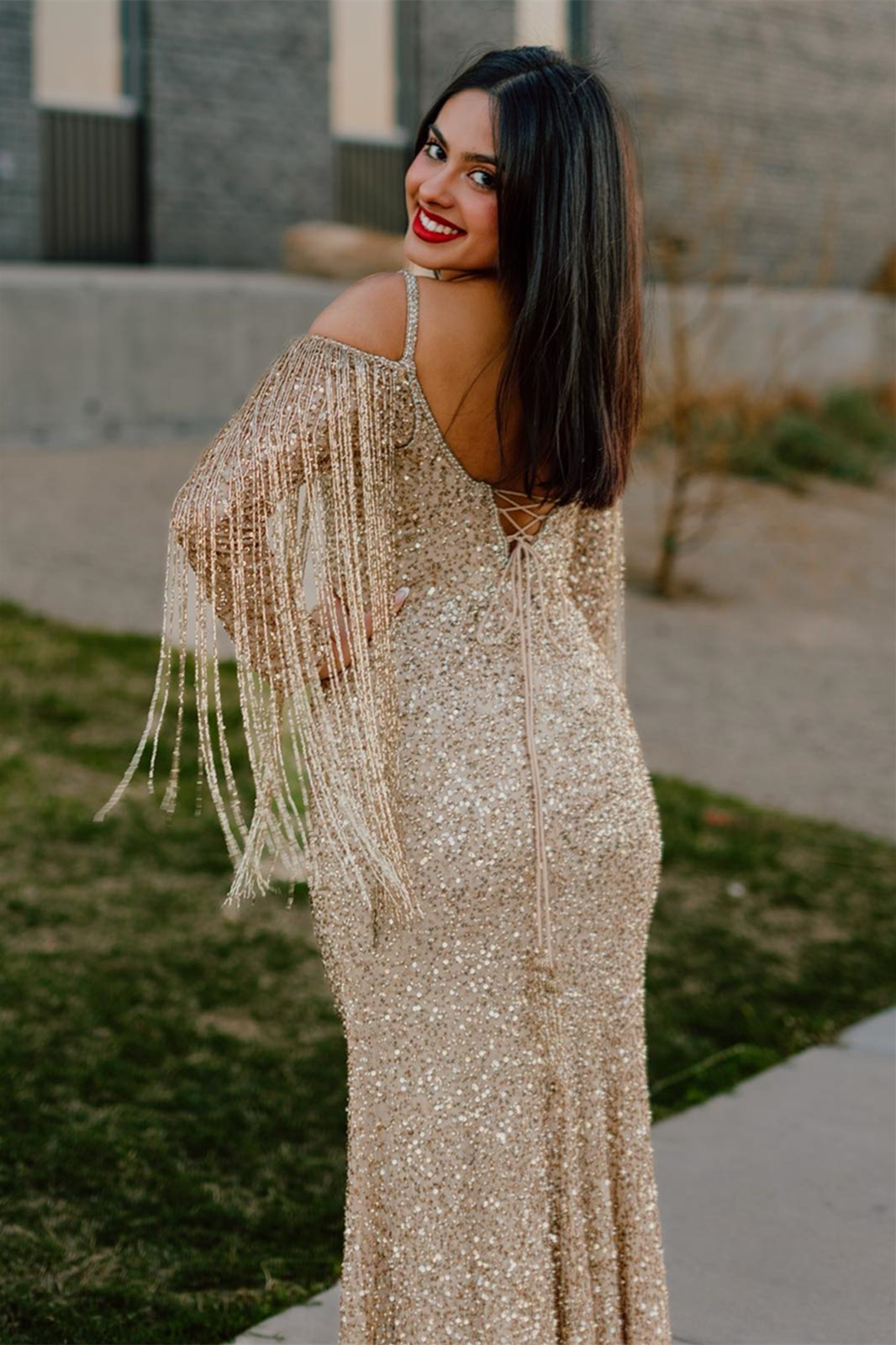 Gold Off-the-Shoulder Long Sleeves Sequins Long Prom Dress with Tassel FancyVestido Gold Off-the-Shoulder Long Sleeves Sequins Long Prom Dress with Tassel FancyVestido