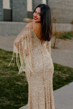 Gold Off-the-Shoulder Straps Long Sleeves Tassels Sequins Long Prom Dress