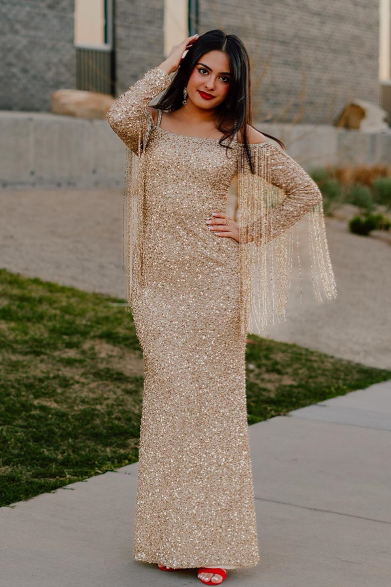 Gold Off-the-Shoulder Straps Long Sleeves Tassels Sequins Long Prom Dress