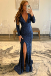 V-Neck Backless Champagne Prom Dress with Long Sleeves