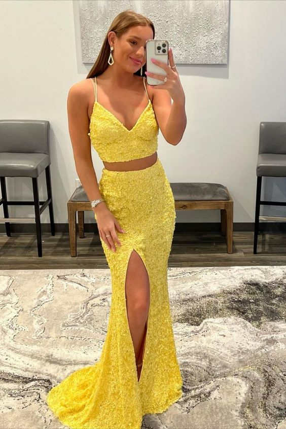 Two Piece Orange Sequins Long Prom Dress FancyVestido Two Piece Orange Sequins Long Prom Dress FancyVestido