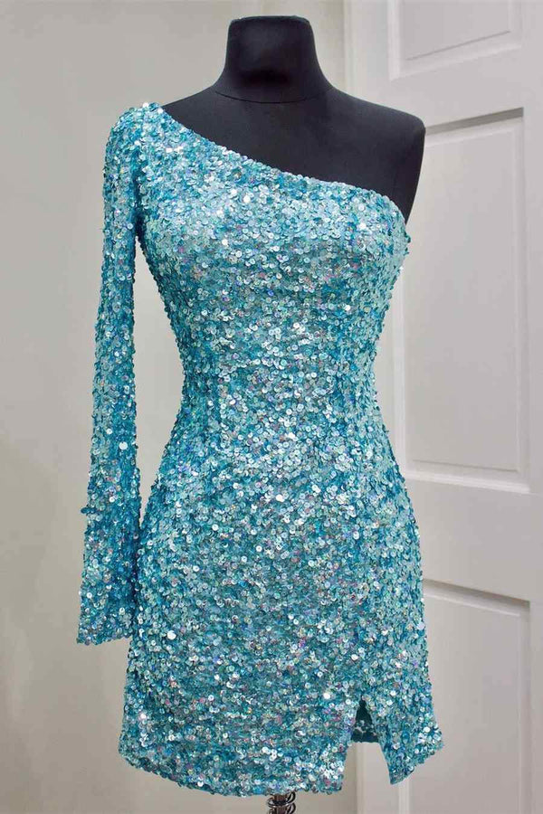 One Shoulder Sequined Homecoming Dress Hot Pink Long Sleeve