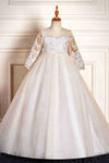Princess Long Sleeves Appliques Long Ivory Flower Girl Dress with Train
