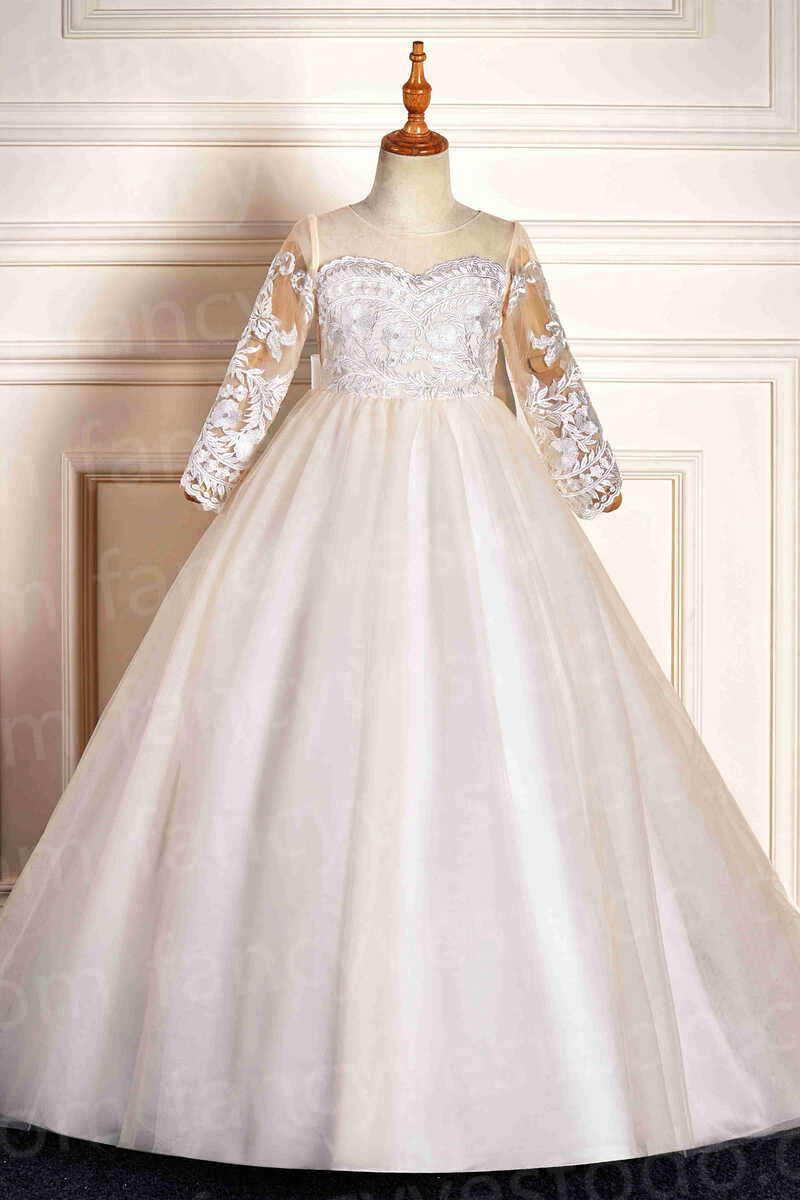 Princess Long Sleeves Appliques Long Ivory Flower Girl Dress with Train