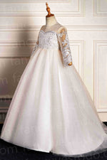 Princess Long Sleeves Appliques Long Ivory Flower Girl Dress with Train