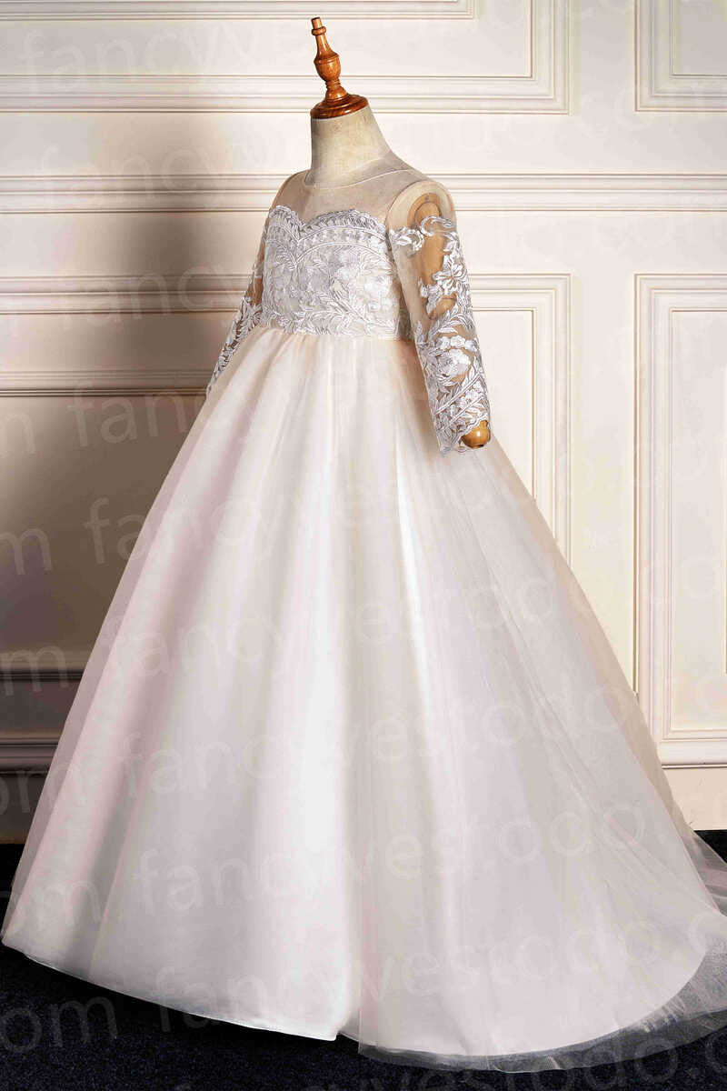 Princess Long Sleeves Appliques Long Ivory Flower Girl Dress with Train