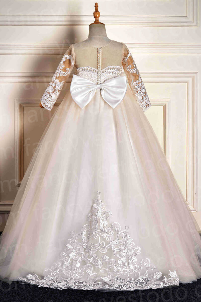 Princess Long Sleeves Appliques Long Ivory Flower Girl Dress with Train