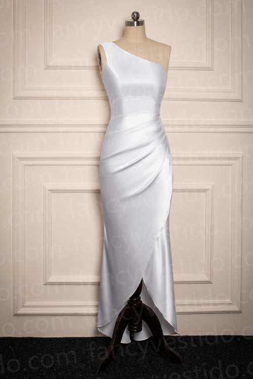 Asymmetrical One Shoulder White Bridesmaid Dress