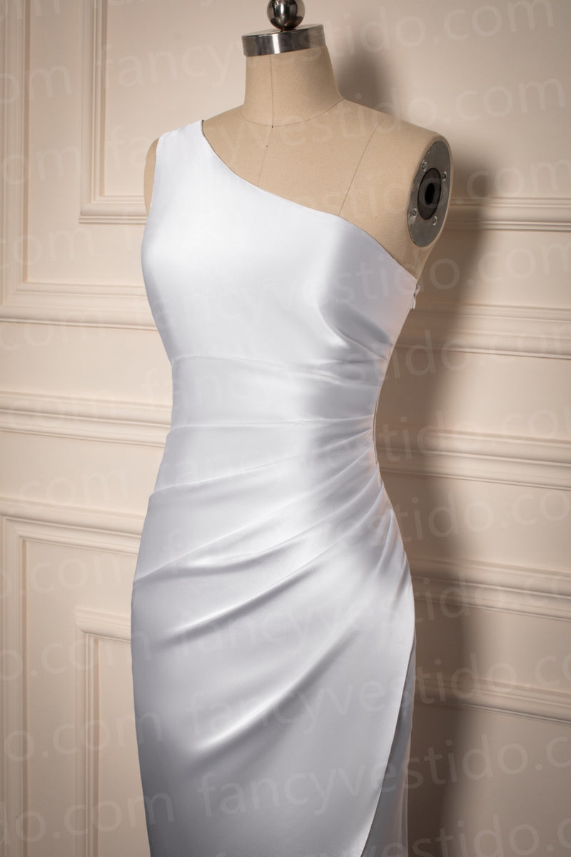 Asymmetrical One Shoulder White Bridesmaid Dress