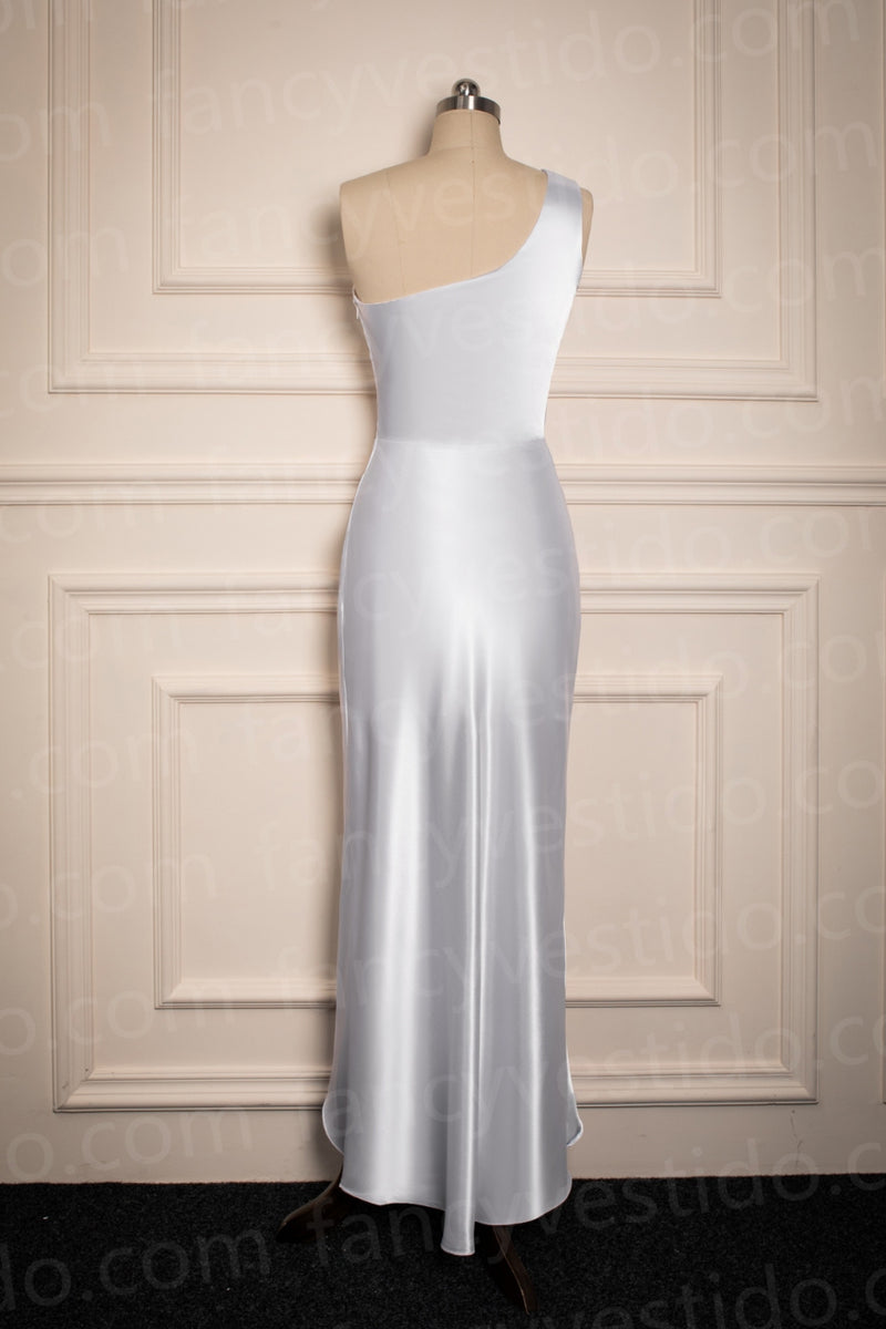 Asymmetrical One Shoulder White Bridesmaid Dress