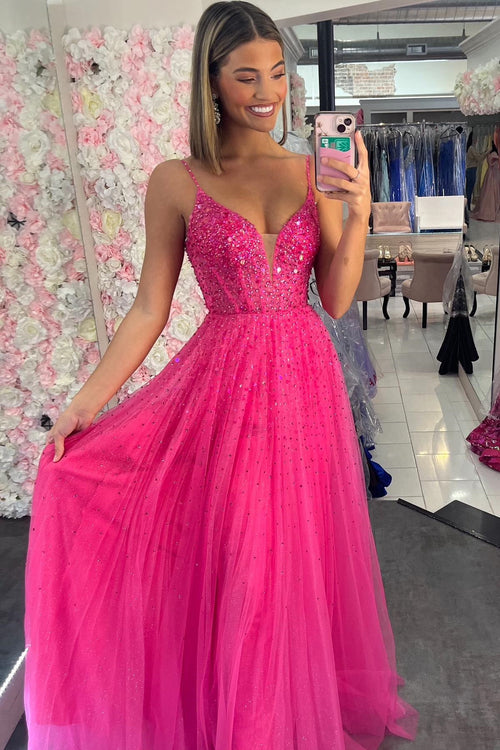 Straps Neon Pink Beaded A-Line Long Formal Dress