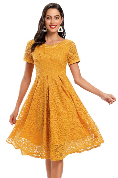 Yellow Lace Party Dress with Short Sleeves