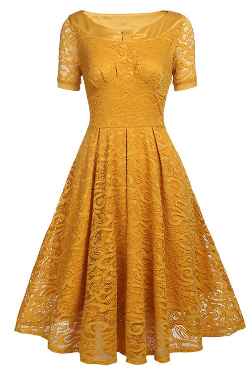 Yellow Lace Party Dress with Short Sleeves