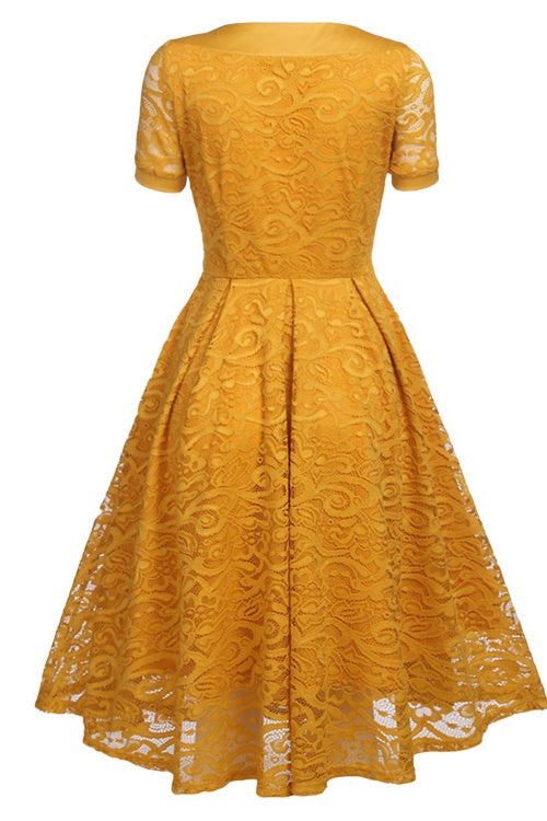 Yellow Lace Party Dress with Short Sleeves
