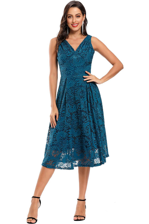 Blue V-Neck Lace Short Party Dress