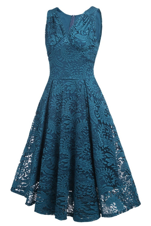 Blue V-Neck Lace Short Party Dress – FancyVestido