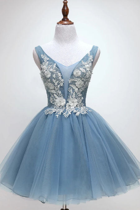 Princess Sky Blue Floral Homecoming Dress