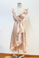 Asymmetrical V-Neck Ruffles Champagne Bridesmaid Dress with Ribbon