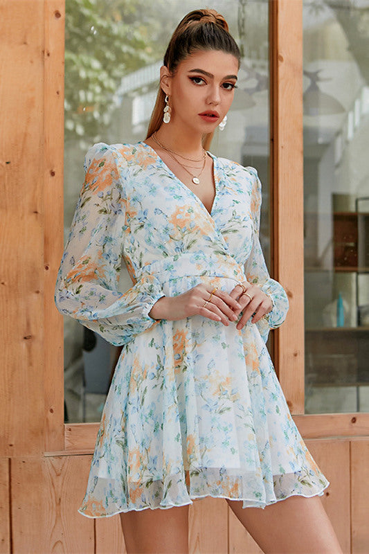V-Neck Floral Long Sleeves Short Summer Dress - Main Image