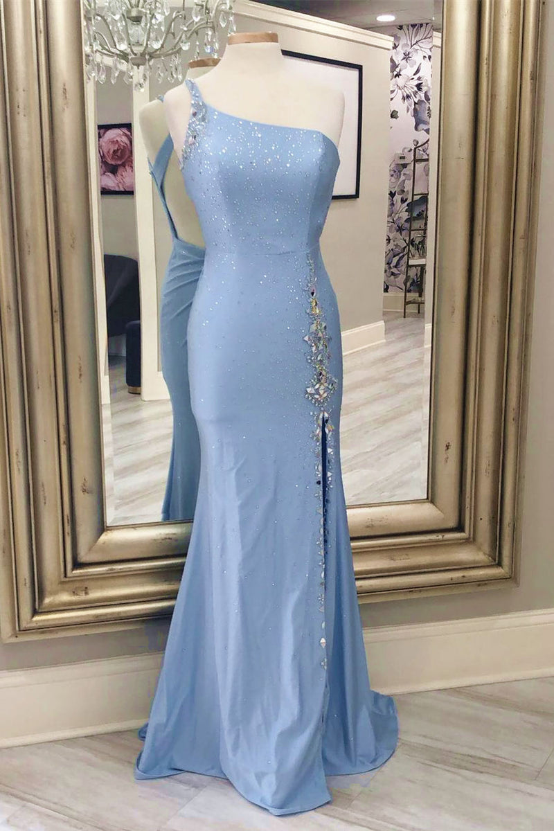 Mermaid Light Blue One Shoulder Prom Dress with Beads
