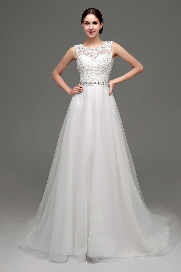 Long Lace Appliques A-line White Wedding Dress with Beads – FancyVestido