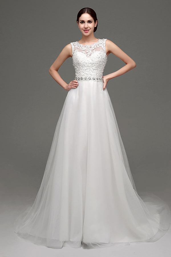 Long Lace Appliques A-line White Wedding Dress with Beads