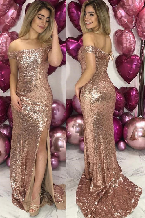 Off Shoulder Rose Gold Sequin Evening Dress with Slit