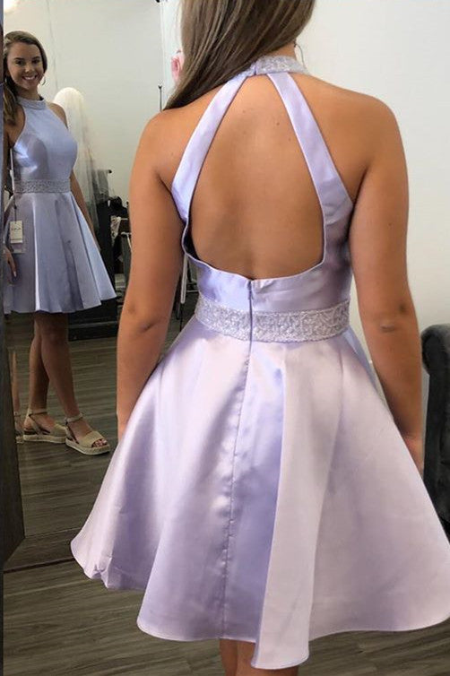 Halter Short Lavender Homecoming Dress with Beading FancyVestido Halter Short Lavender Homecoming Dress with Beading FancyVestido