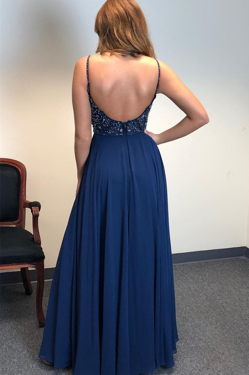 Navy Blue Prom Dress - Beaded Top and Side Slit