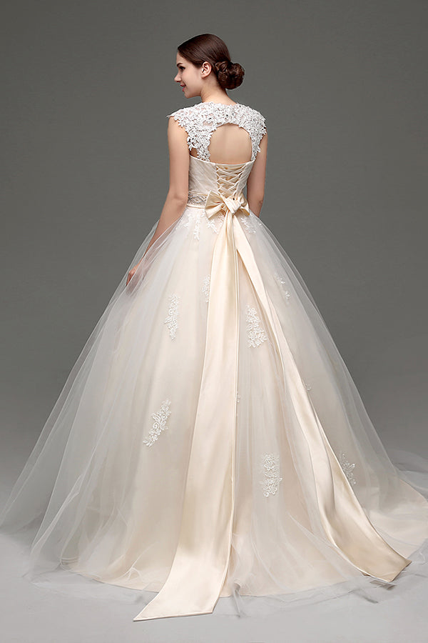 Long Lace-Up Back A-line Ivory Wedding Dress with Appliques FancyVestido Long Lace-Up Back A-line Ivory Wedding Dress with Appliques FancyVestido